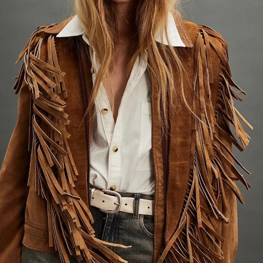 Free People Western Fringe Leather Shawl NWT OS | Tan Suede Fringe Wrap Boho - Picture 7 of 12
